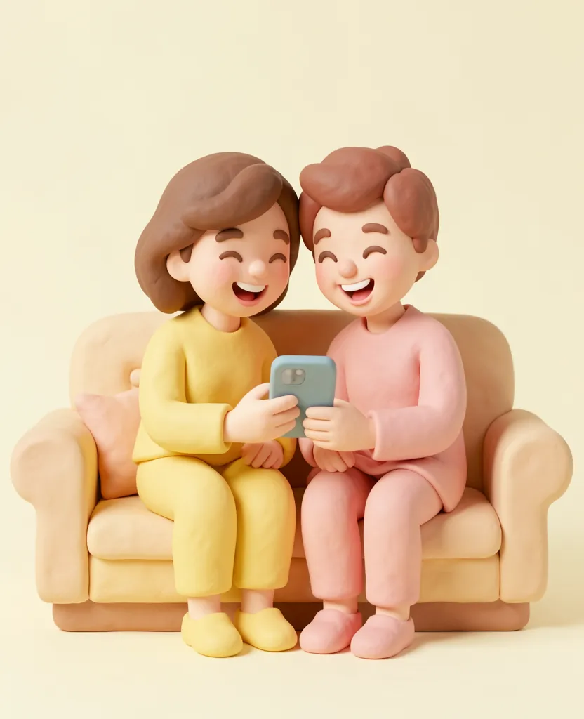 Una pareja de plastilina riéndose juntos frente a un celular en el sofá